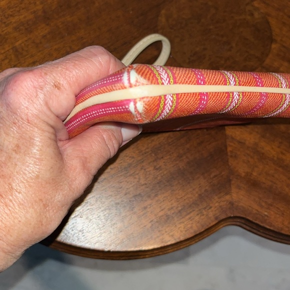 Coach Vintage wristlet coated canvas stripe Orange pink sage white/tan leather - Picture 8 of 13